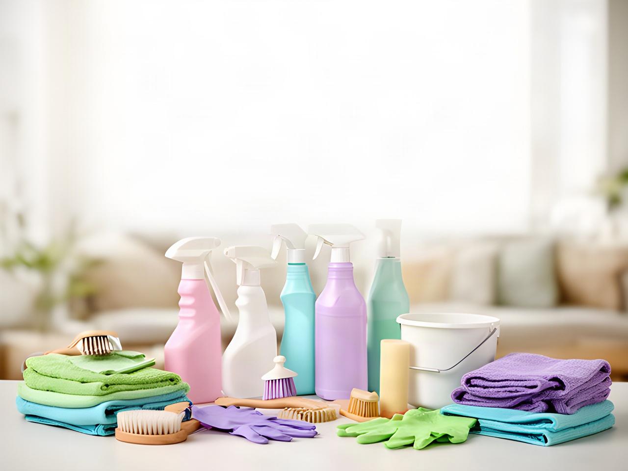 Organized cleaning supplies and folded cloths on a work surface in a Clarksville property