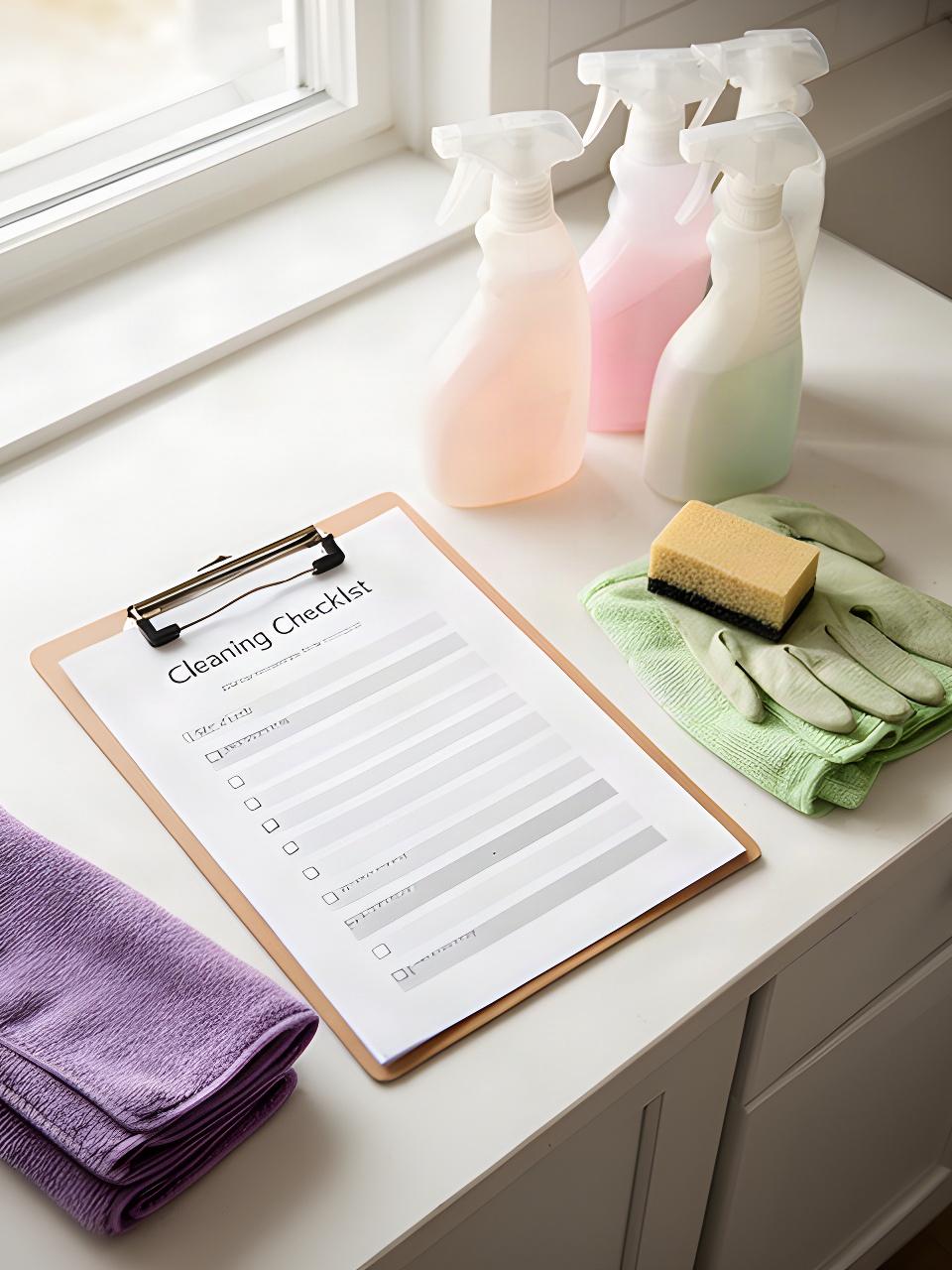 Detailed cleaning checklist beside organized supplies in a residential kitchen