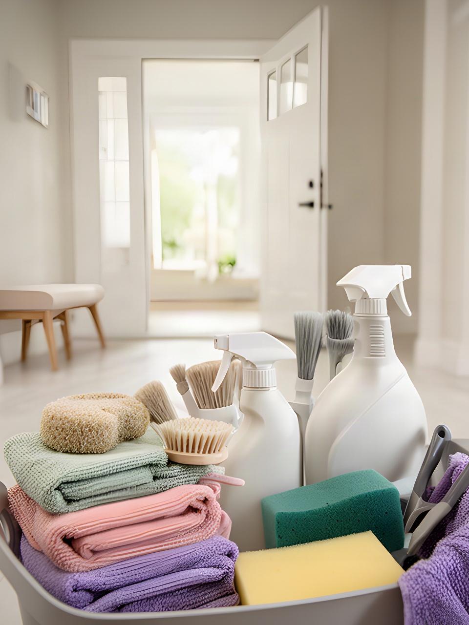 Organized cleaning caddy with cloths and brushes beside a bright Clarksville home entryway