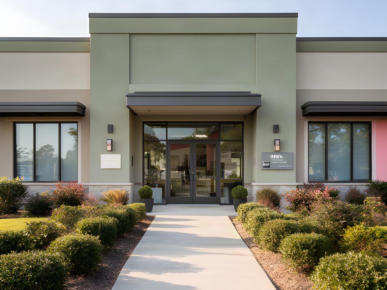 Well-kept commercial building entrance on a quiet Arkansas street near Clarksville