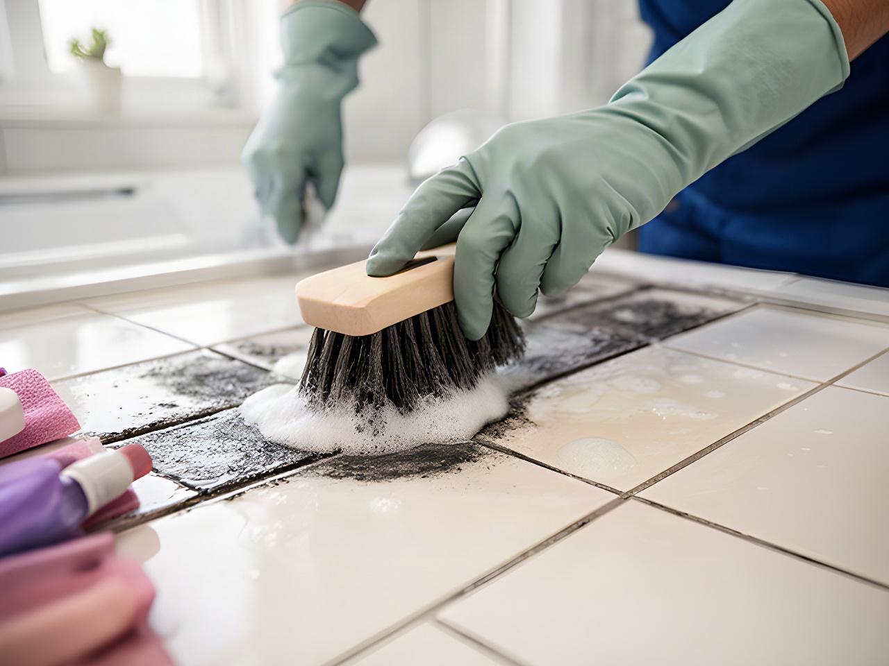Cleaner scrubbing dark grout between bathroom tiles during a detailed Clarksville deep clean