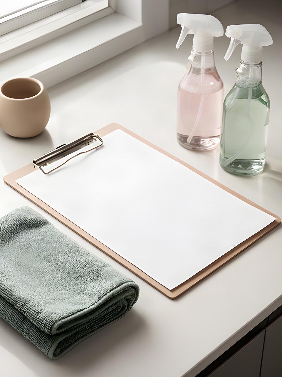 Residential cleaning checklist on a clipboard beside cloths and spray bottles on a kitchen counter