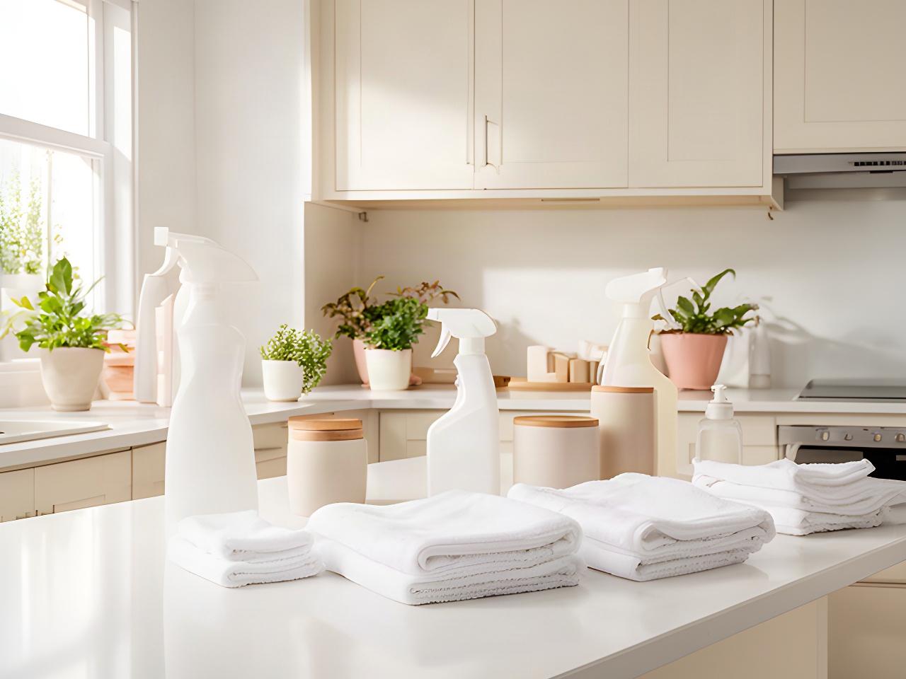 Bright Clarksville kitchen with clean counters, folded towels, and organized cleaning supplies