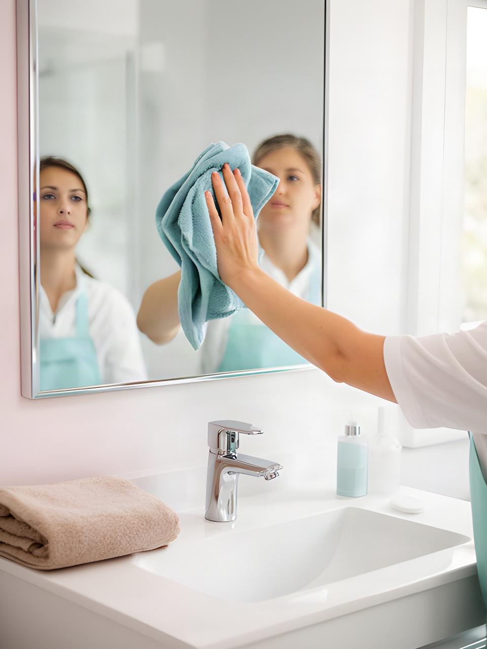 Cleaner wiping a large bathroom mirror in a bright Clarksville home