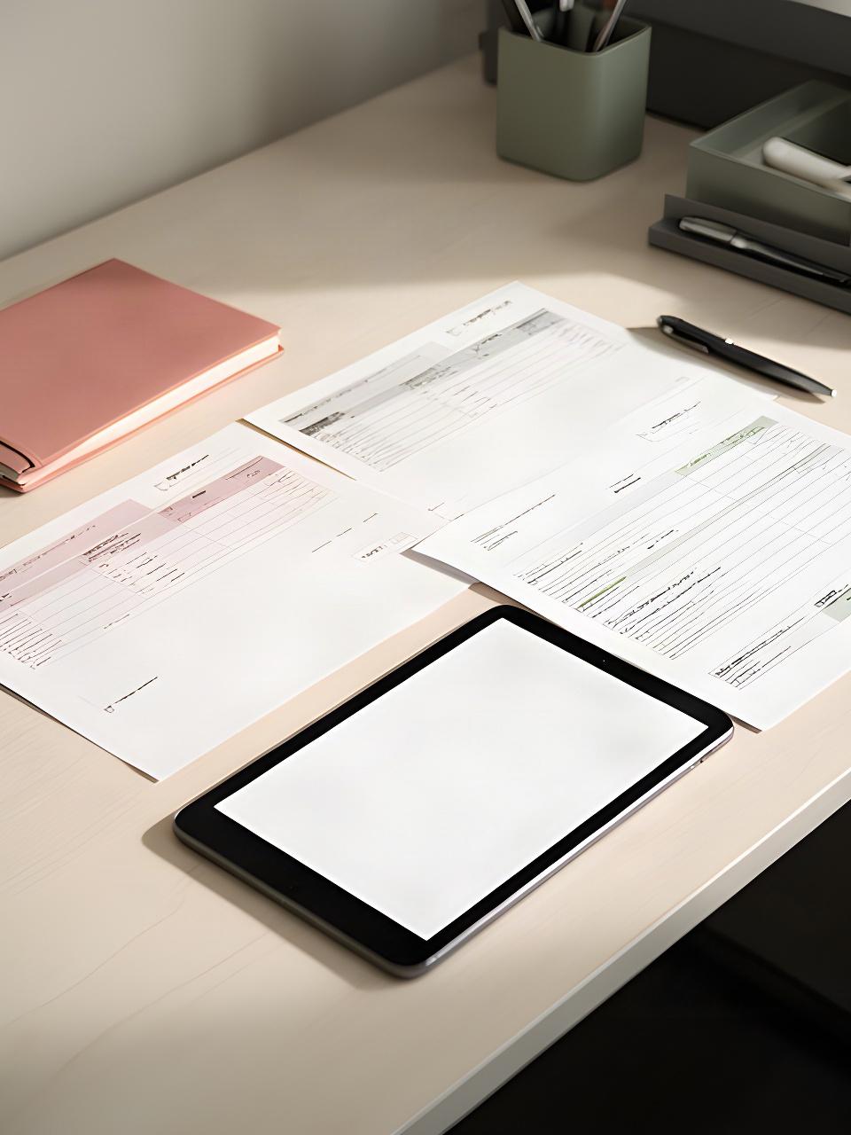 Neatly organized cleaning appointment records beside a notebook and tablet on an office desk