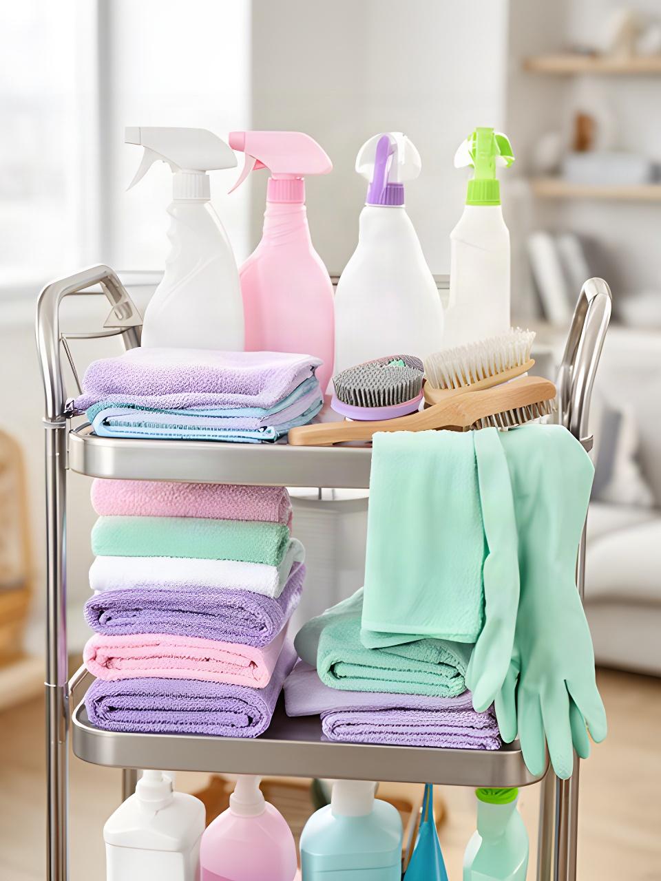 Organized cleaning cart with spray bottles, folded microfiber cloths, and fresh supplies in a bright room