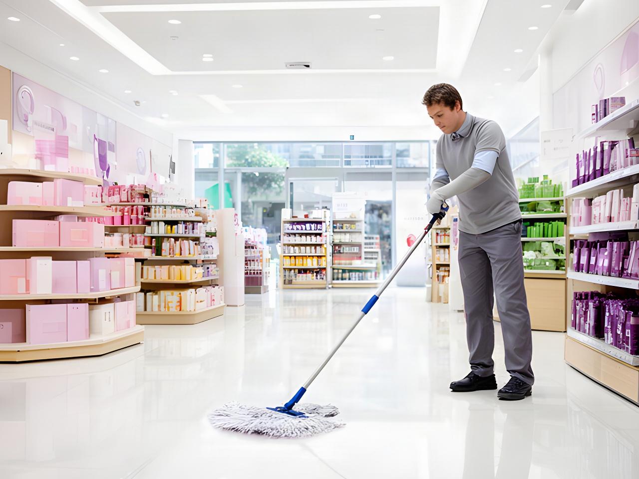Cleaner using a microfiber mop on a bright retail floor beside neatly arranged product displays