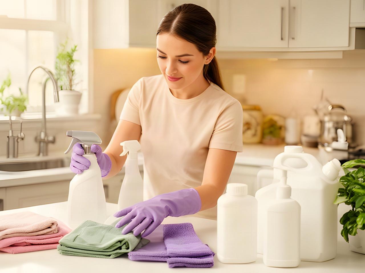 Cleaning team member preparing supplies beside labeled containers in a residential kitchen
