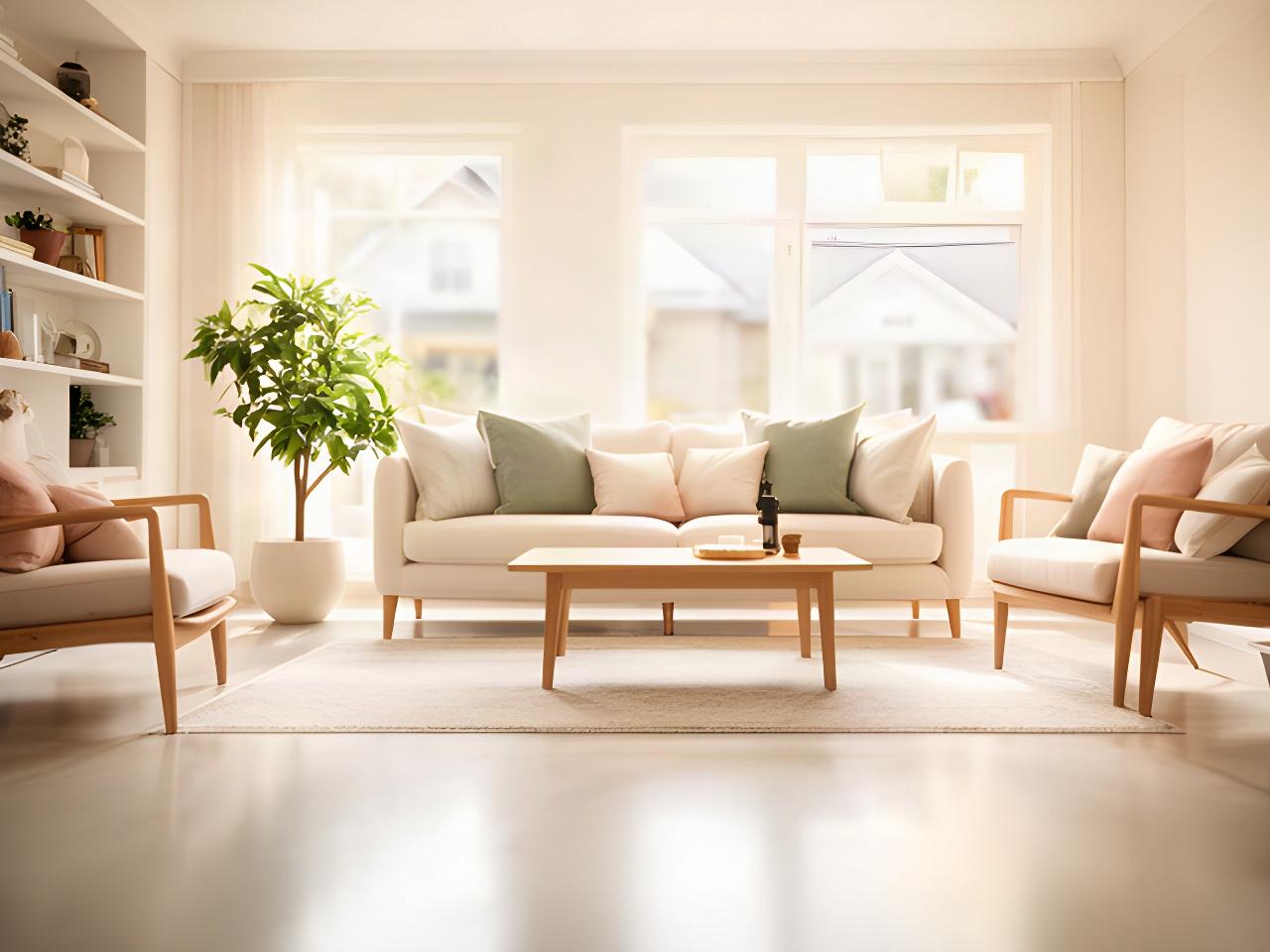 Bright, tidy living room with clean floors and softly arranged cushions in a Clarksville residence