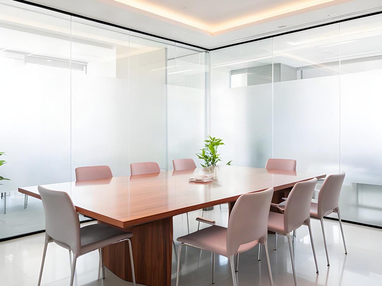 Bright Clarksville conference room with a polished table, arranged chairs, and clear glass walls
