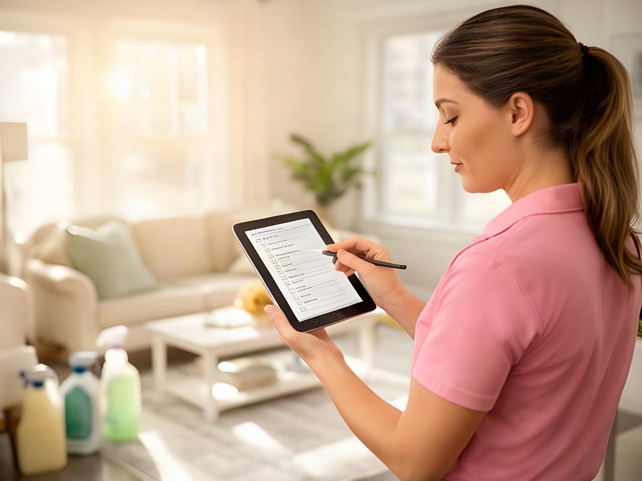 Cleaning professional reviewing a service checklist on a tablet in a bright Clarksville home